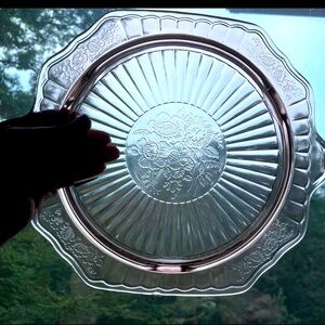 1930s Anchor Hocking Mayfair Pink Footed Cake Plate